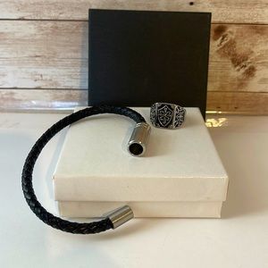 Magnetic leather men’s bracelet paired with a stylish ring